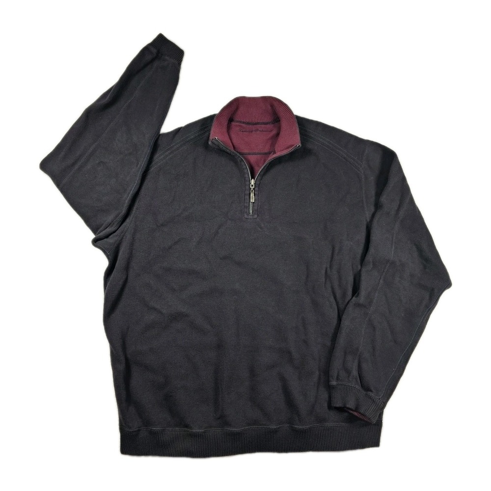 Tommy Bahama Mens 2XL 1/4 Zip Pullover Black Burgundy Sweatshirt Cotton Blend